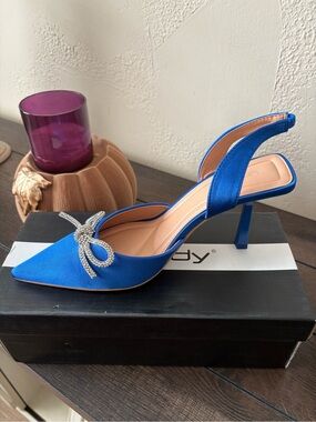 Royal Blue Satin Slingback Heels with Crystal Bow Accent